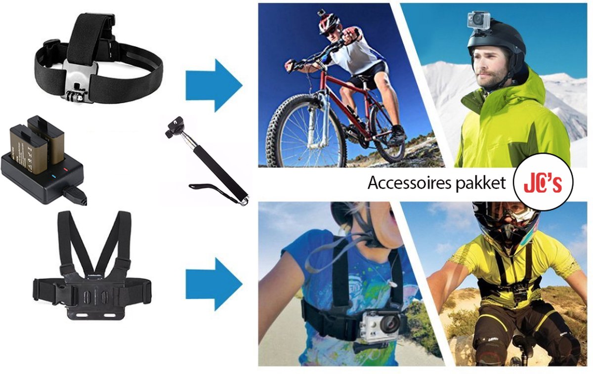 JC's Action Camera 4K Touchscreen inclusief accessoires