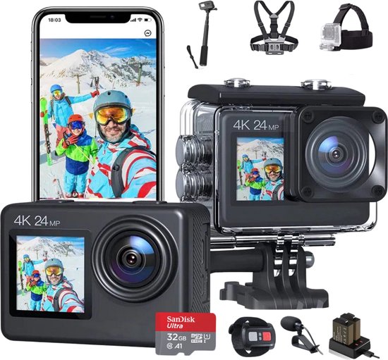JC's Action Camera 4K Touchscreen inclusief accessoires