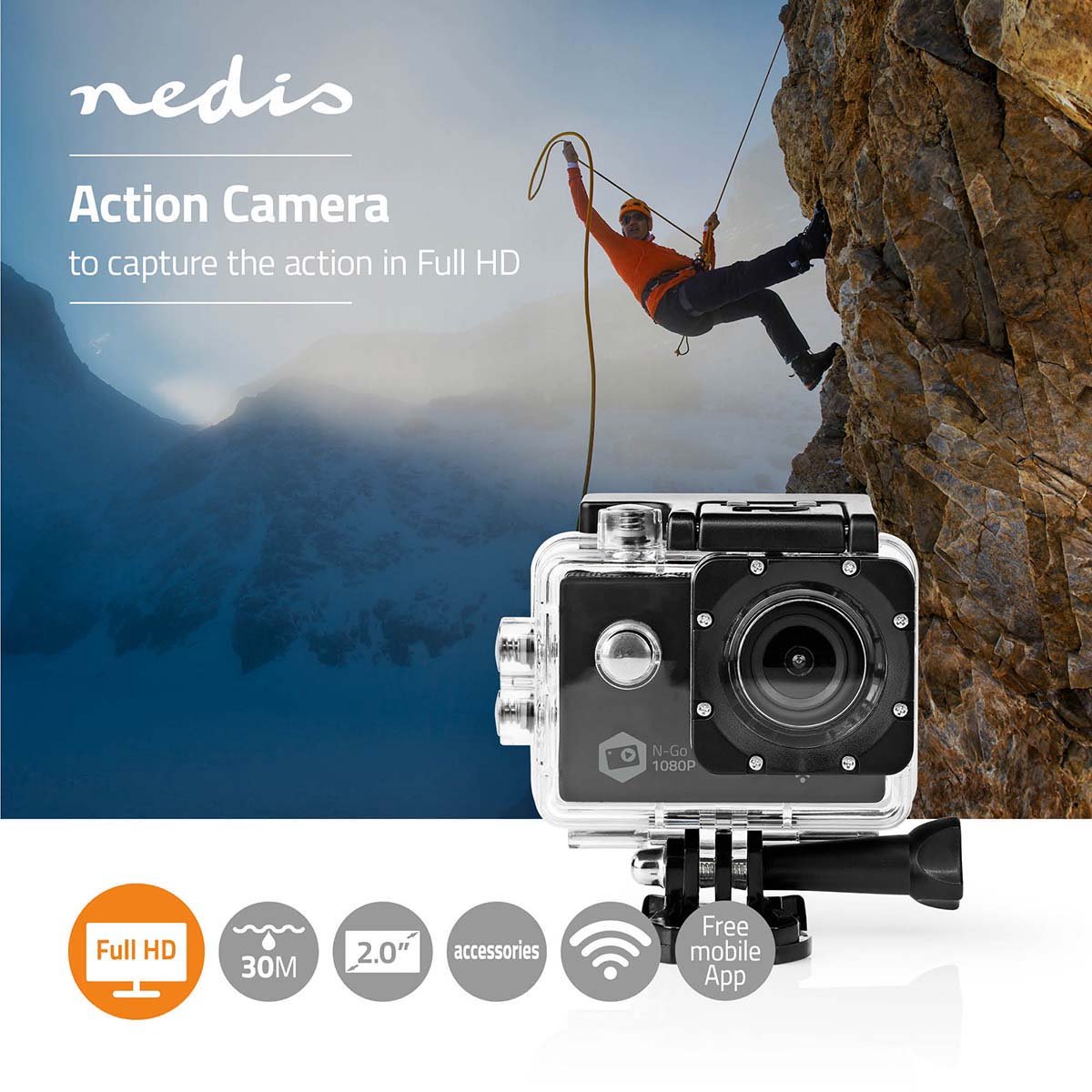 Nedis Action Camera 1080p 12MP WiFi Waterdicht 30M