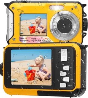 Onderwatercamera - 11ft waterdichte camera, Full HD 2,7K 48MP autofocus met dubbel scherm, geel