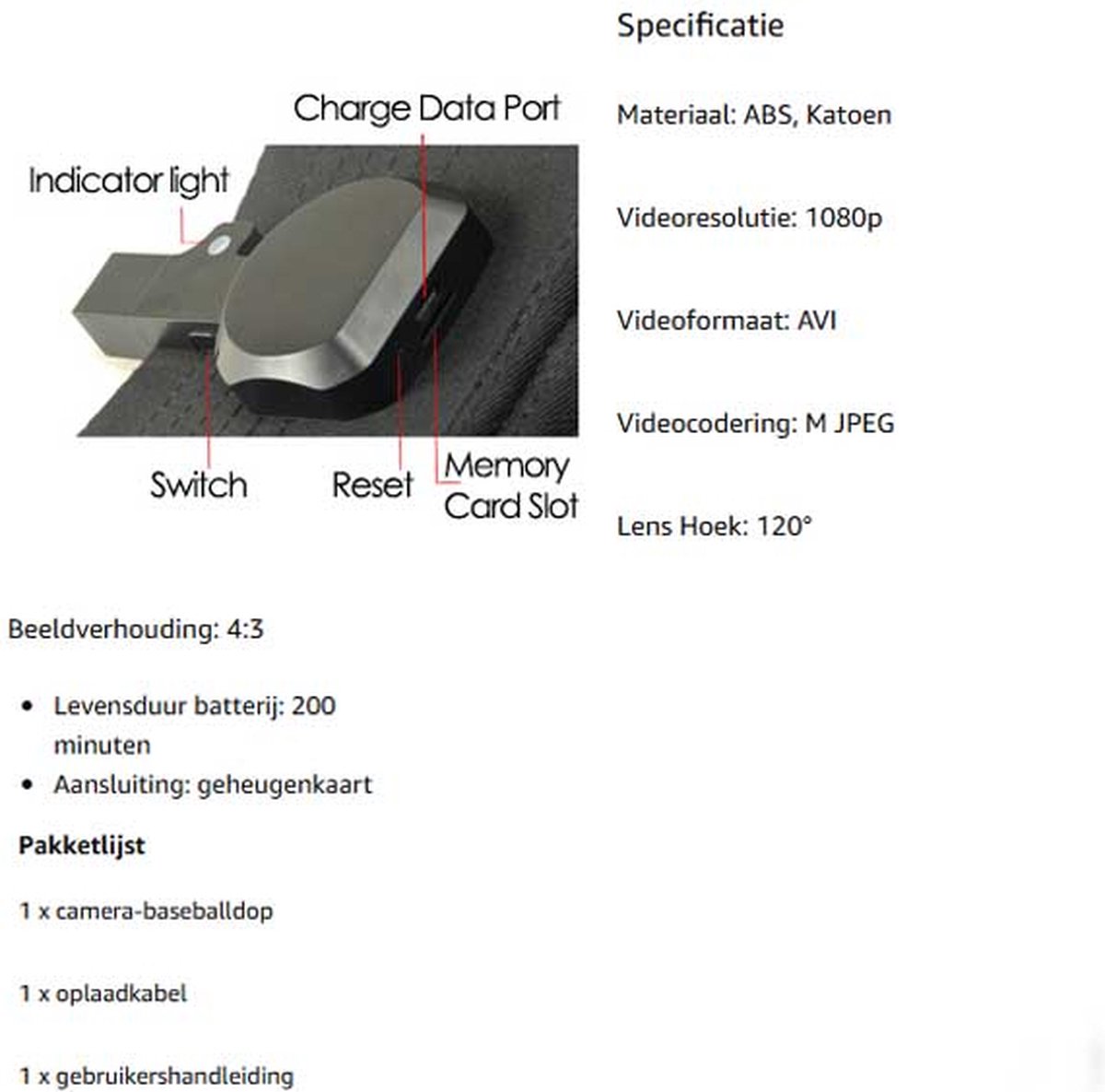 Pet met Full HD Camera - Sport Cap