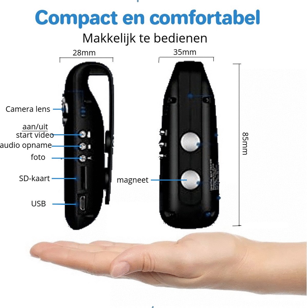 PiXXO Bodycam Full HD 1080P met Clip en Magneet 32GB