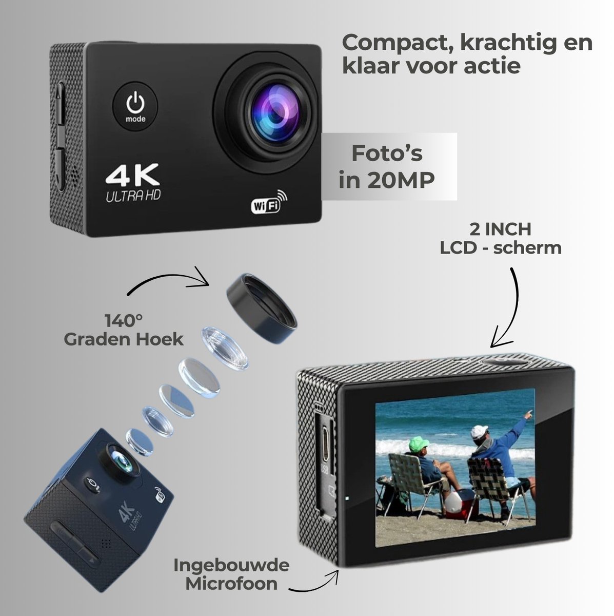 PolderGoods Action Camera 4K 12MP WiFi Waterdicht