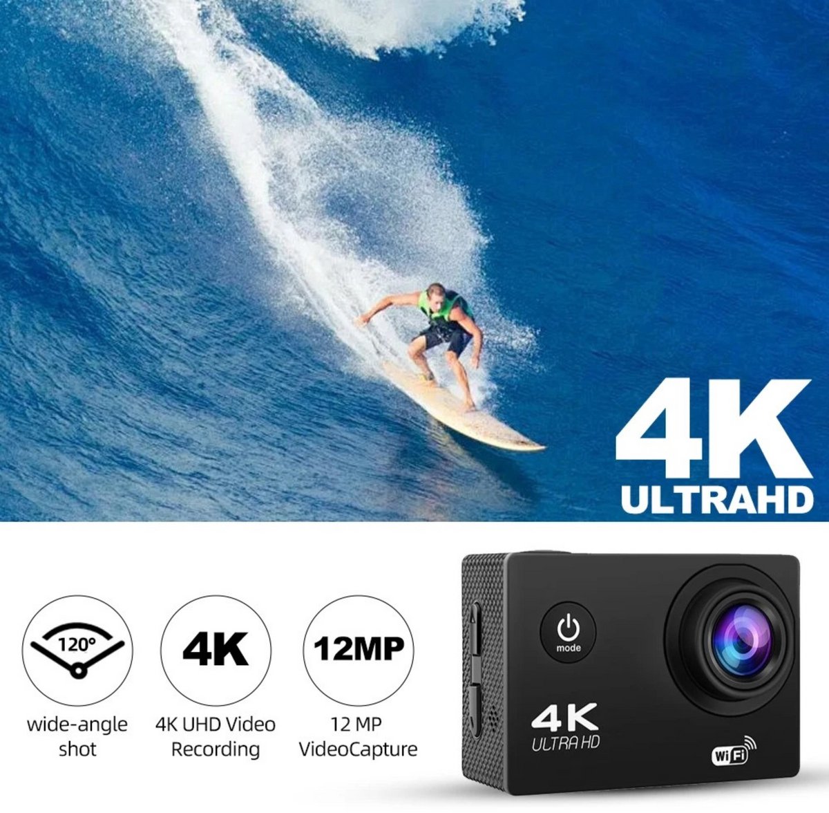 PolderGoods Action Camera 4K 12MP WiFi Waterdicht