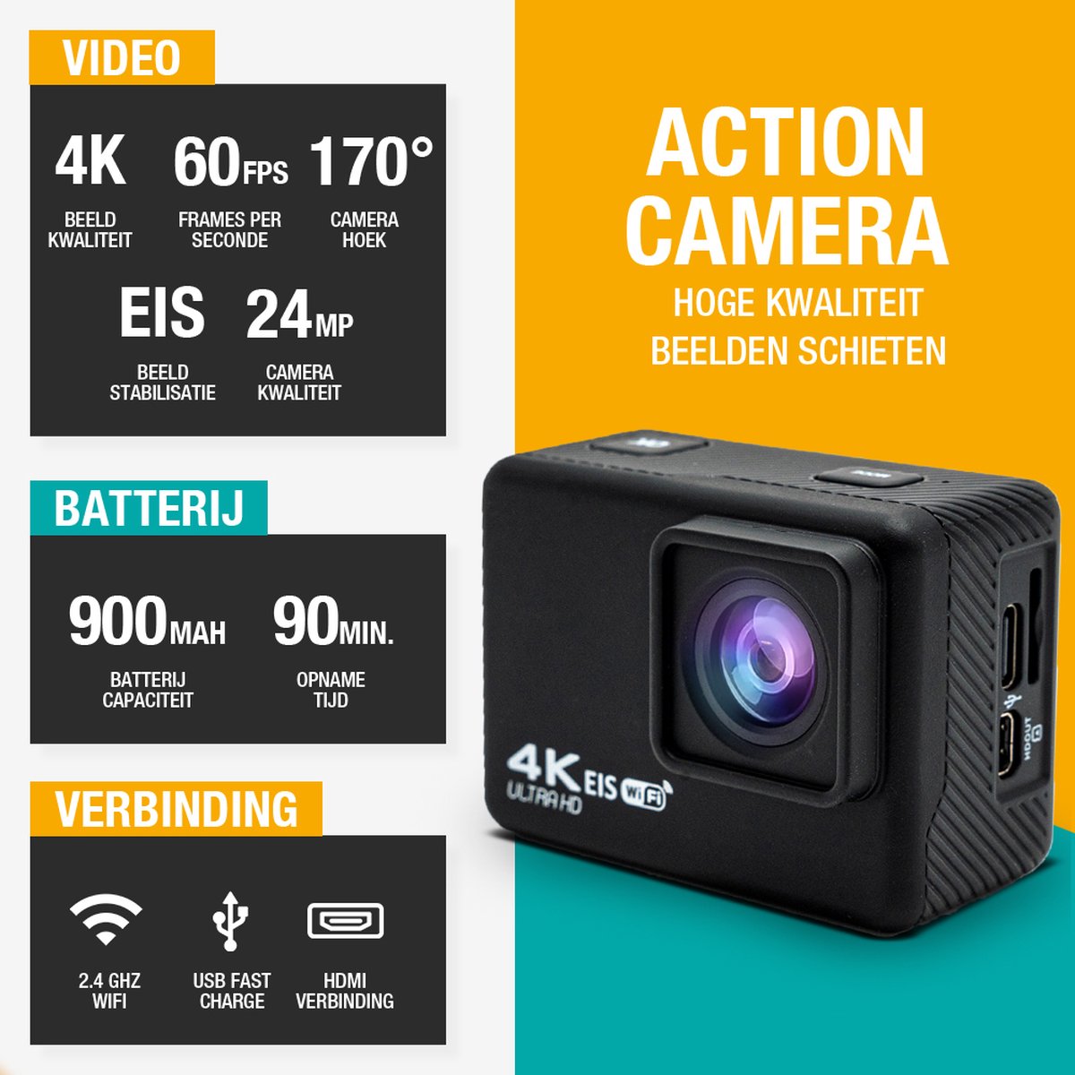 Pora&Co Action Camera 4K 16MP WiFi