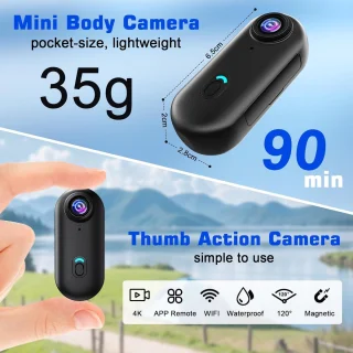 SnelShoppen - Actiecamera 4K Wifi Waterdicht met 120° Hoek - Mini Lichaamscamera met Magnetische Bevestigingen en 16 GB SD-kaart voor Avontuurlijke Ac