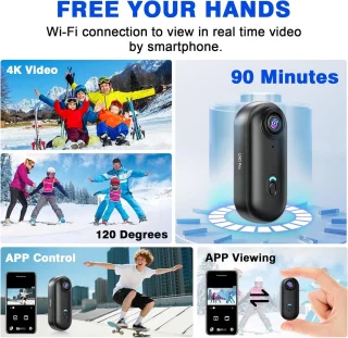 SnelShoppen - Actiecamera 4K Wifi Waterdicht met 120° Hoek - Mini Lichaamscamera met Magnetische Bevestigingen en 16 GB SD-kaart voor Avontuurlijke Ac