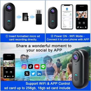SnelShoppen - Actiecamera 4K Wifi Waterdicht met 120° Hoek - Mini Lichaamscamera met Magnetische Bevestigingen en 16 GB SD-kaart voor Avontuurlijke Ac