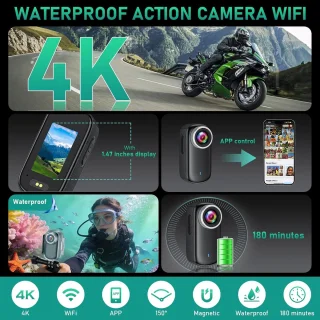 SnelShoppen - Action Camera WiFi 4K Waterproof Mini Sport Camera met 150° Hoek, Draagbare Helm Camera voor Fietsen, Motoren & Avonturen
