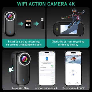 SnelShoppen - Action Camera WiFi 4K Waterproof Mini Sport Camera met 150° Hoek, Draagbare Helm Camera voor Fietsen, Motoren & Avonturen