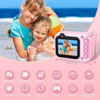 SnelShoppen - Waterdichte Kids Camera 12MP Selfie, 3M Onderwater Camera voor Kinderen, 2 Inch LCD 1080p HD met 32GB SD Kaart, Perfect voor Vakantie en