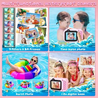 SnelShoppen - Waterdichte Kids Camera 12MP Selfie, 3M Onderwater Camera voor Kinderen, 2 Inch LCD 1080p HD met 32GB SD Kaart, Perfect voor Vakantie en