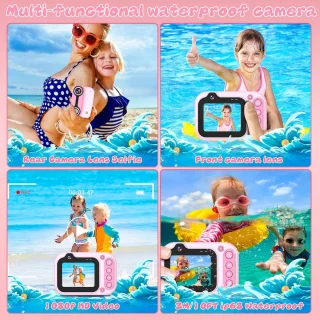 SnelShoppen - Waterdichte Kids Camera 12MP Selfie, 3M Onderwater Camera voor Kinderen, 2 Inch LCD 1080p HD met 32GB SD Kaart, Perfect voor Vakantie en