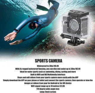 SnelShoppen - WiFi Actie Duikcamera 4K Hoogtepunten, Waterdichte Sportcamera met 170 Graden Groothoeklens voor Onderwater en Buitensport