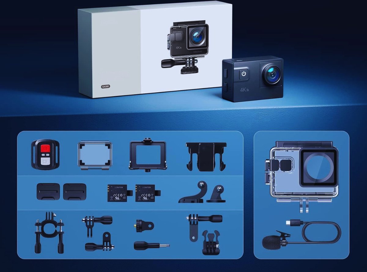 Sportcamera 4K 60fps 24MP 170° Groothoek Met Dubbele Microfoon - Inclusief 2 Batterijen