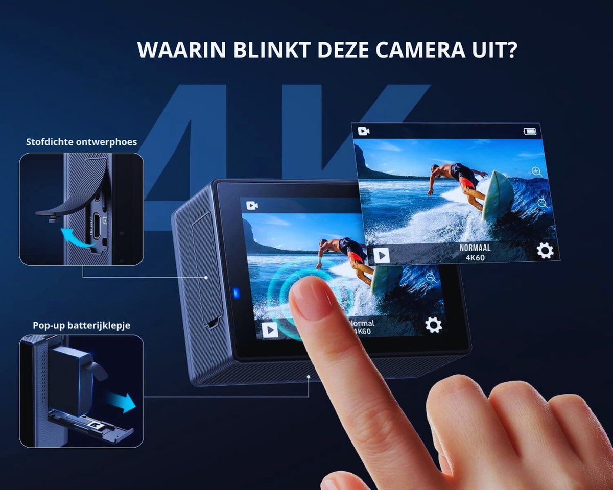 Sportcamera 4K 60fps 24MP 170° Groothoek Met Dubbele Microfoon - Inclusief 2 Batterijen