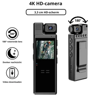 Spy Camera Bodycam 4K met Draaibare Lens Zwart