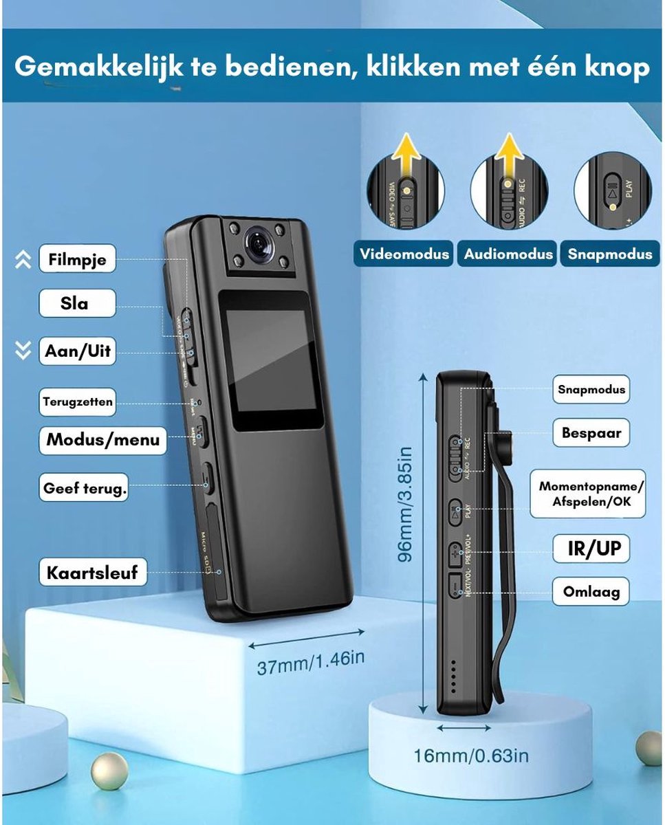 Thuys Bodycam Action Cam HD 1080P Zwart