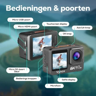 Vynox Action Camera 6K Touchscreen WiFi 30M Waterdicht