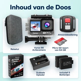 Vynox Action Camera 6K Touchscreen WiFi 30M Waterdicht