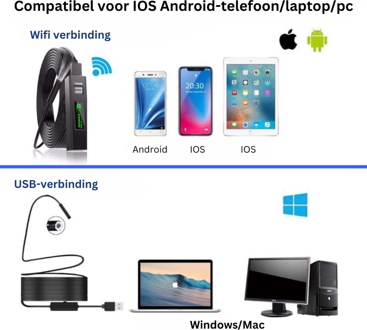 Wifi Endoscoopcamera 1200P HD USB 10m voor Android/iOS Windows Mac