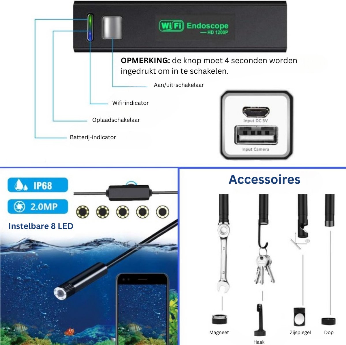 Wifi Endoscoopcamera 1200P HD USB 10m voor Android/iOS Windows Mac