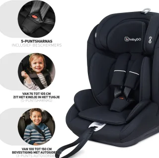 BabyGO Lumo i-Size autostoel - voor kinderen van 76-150 cm - Groep 1-2-3 (9-36kg) - Autogordel bevestiging - Zwart