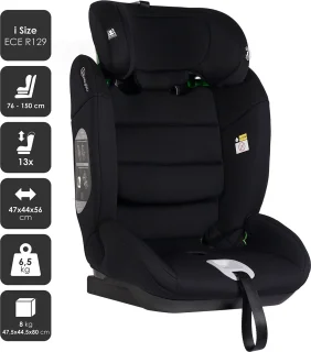 BabyGO Lumo i-Size autostoel - voor kinderen van 76-150 cm - Groep 1-2-3 (9-36kg) - Autogordel bevestiging - Zwart