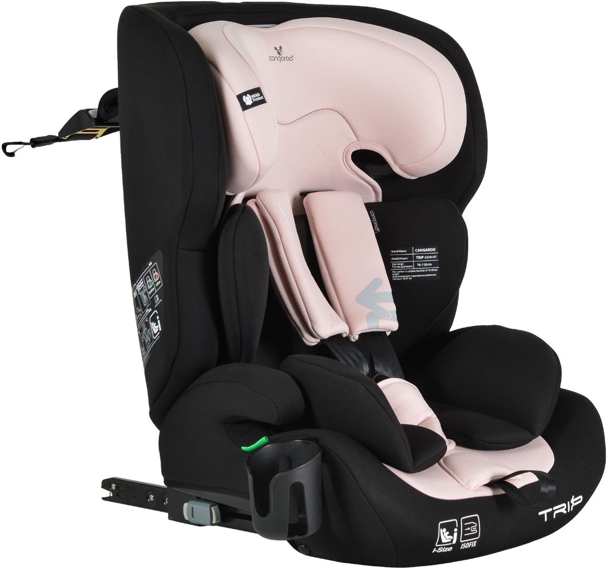 De Cangaroo Trip i-Size Autostoel Baby Pink 76-150 cm in één oogopslag