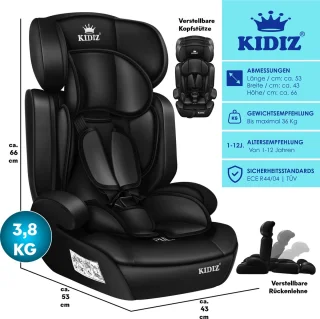 KIDIZ® Autostoeltje Groep 1-3 9-36 kg Zwart
