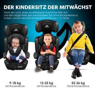 KIDIZ® Autostoeltje Groep 1-3 9-36 kg Zwart