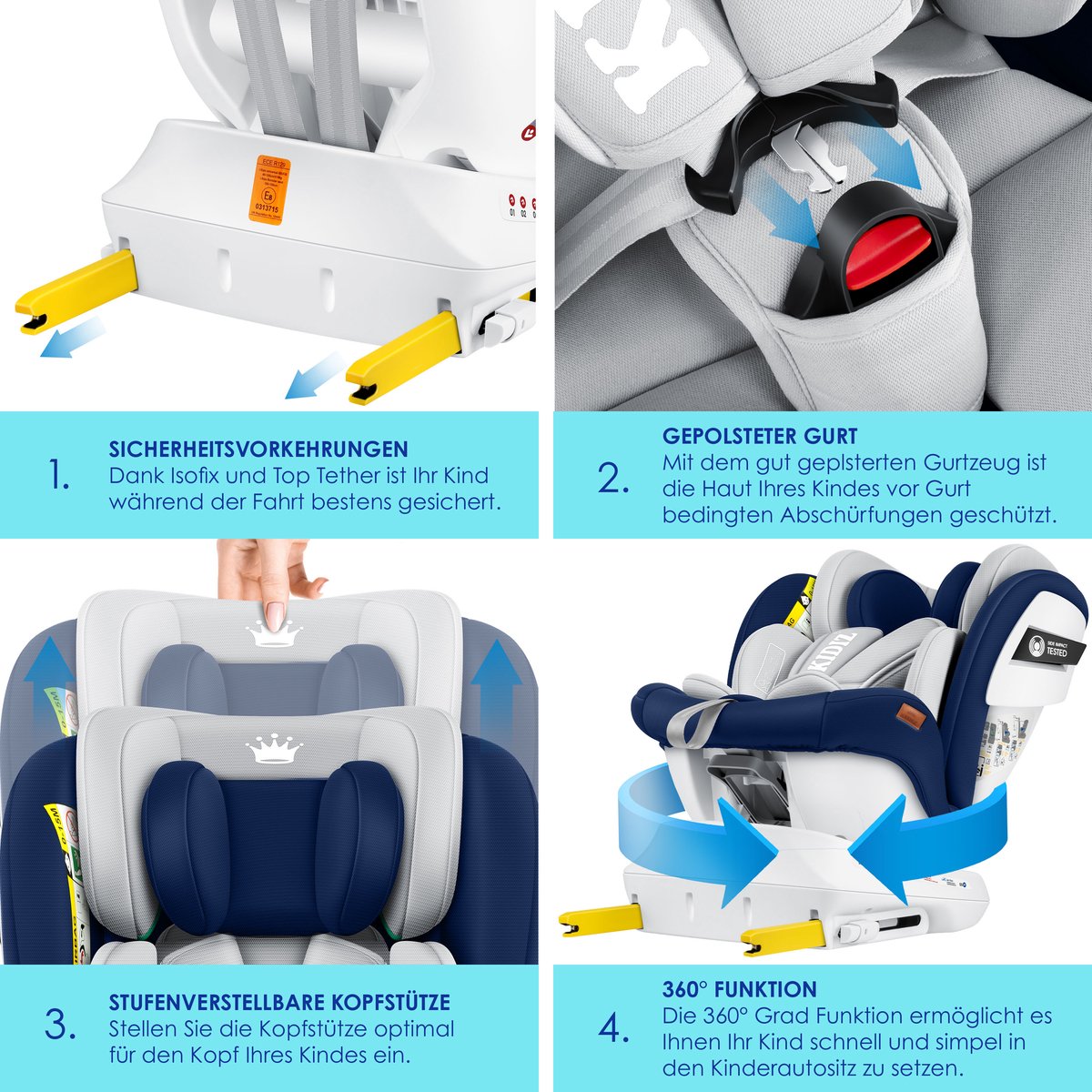 KIDIZ Autostoeltje Isofix 360° 0-36 kg Marineblauw