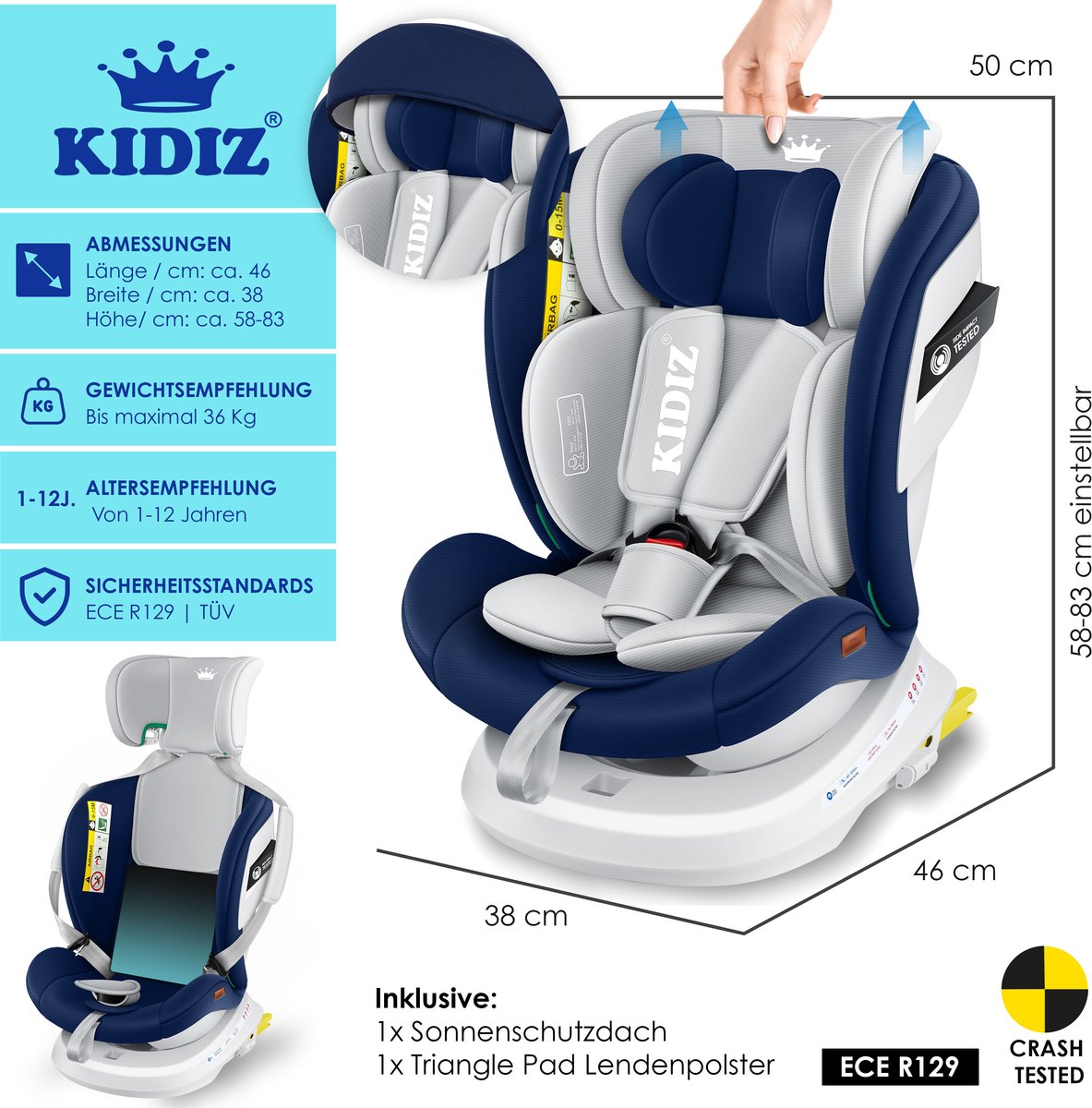 KIDIZ Autostoeltje Isofix 360° 0-36 kg Marineblauw