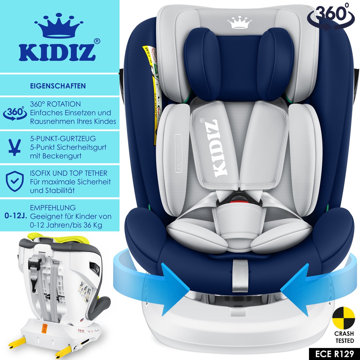 KIDIZ Autostoeltje Isofix 360° 0-36 kg Marineblauw