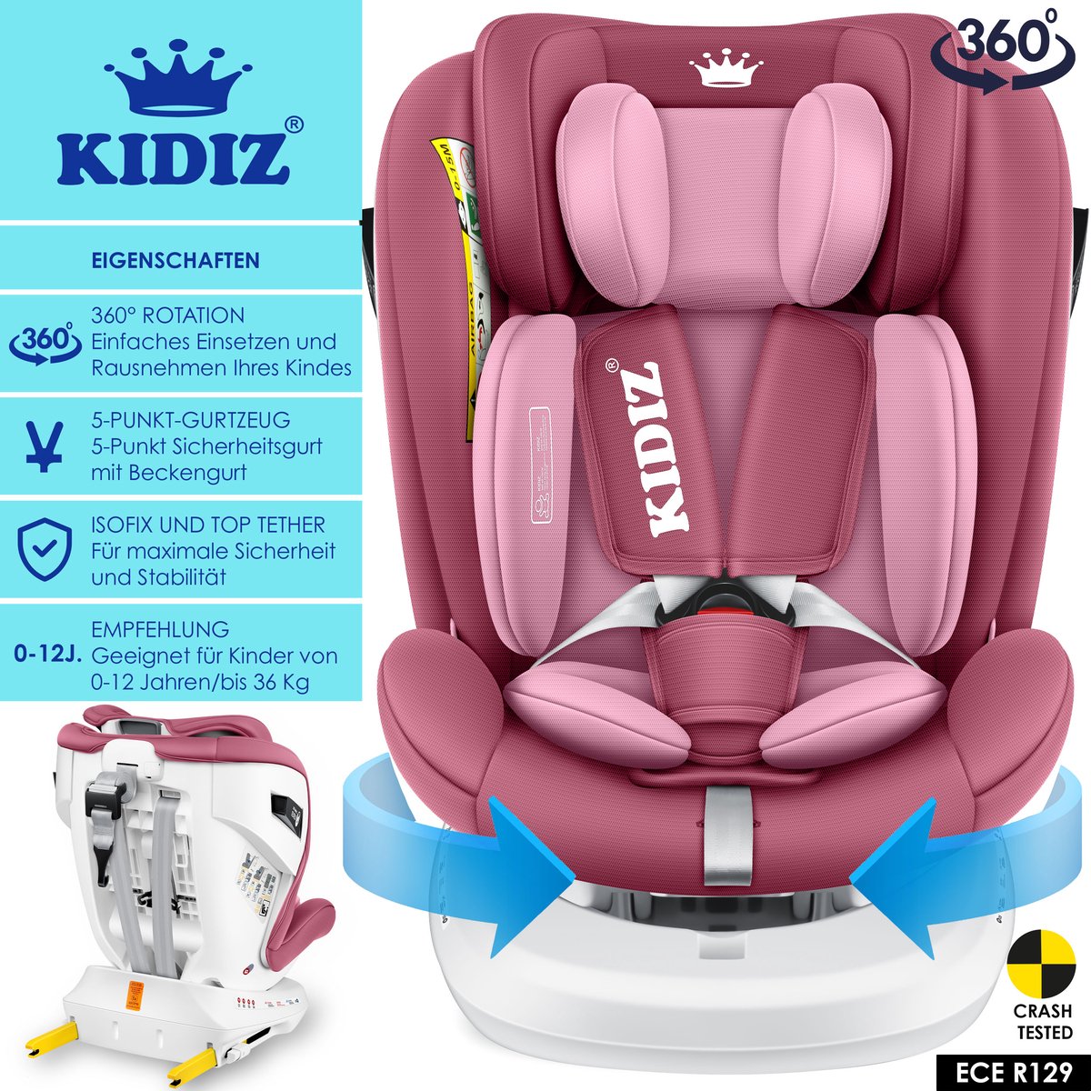 KIDIZ Autostoeltje Isofix Top Tether 360° Draaibaar Groep 0/1/2/3 Roze