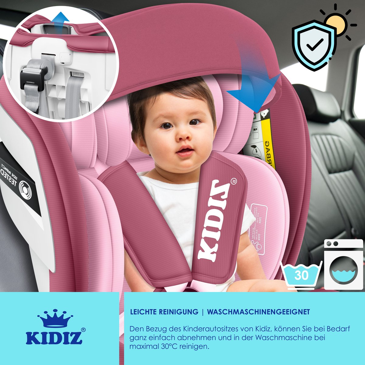 KIDIZ Autostoeltje Isofix Top Tether 360° Draaibaar Groep 0/1/2/3 Roze