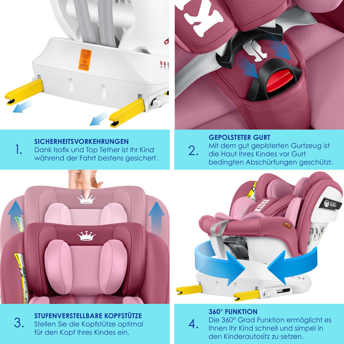 KIDIZ Autostoeltje Isofix Top Tether 360° Draaibaar Groep 0/1/2/3 Roze