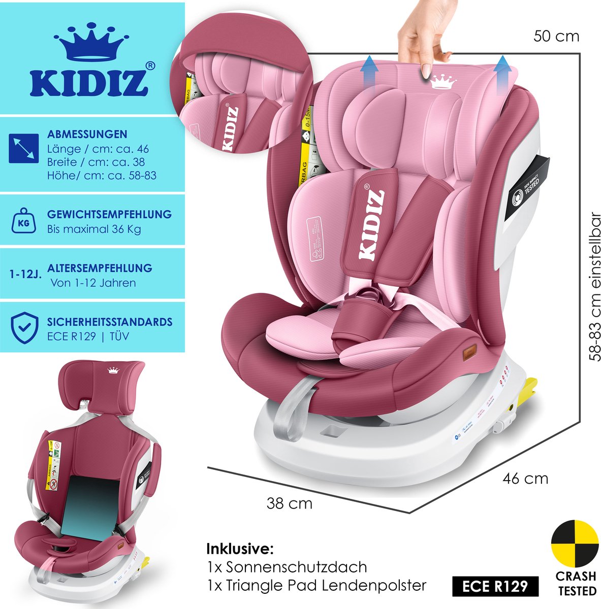KIDIZ Autostoeltje Isofix Top Tether 360° Draaibaar Groep 0/1/2/3 Roze