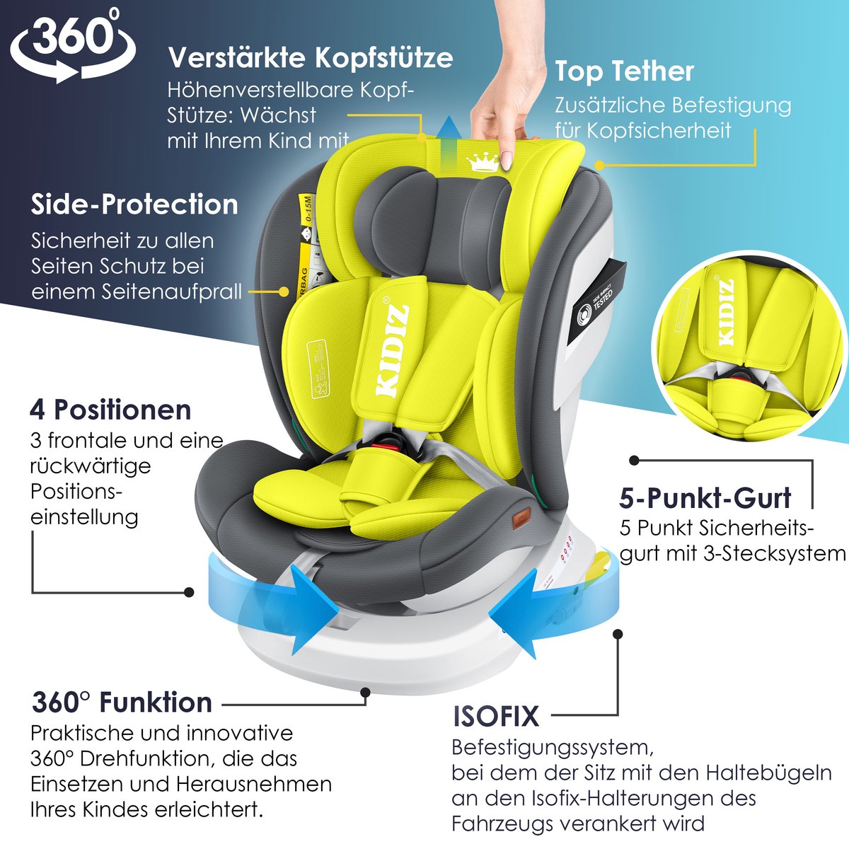 KIDIZ Babyautostoeltje Isofix 360° Draaibaar Grijs 0-36kg Groep 0/1/2/3