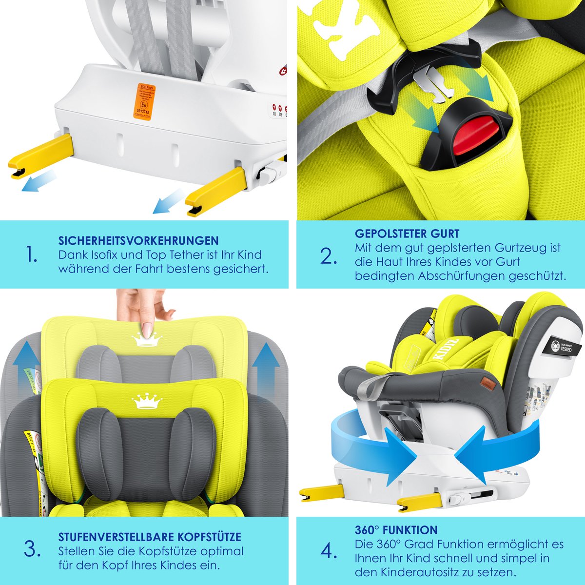 KIDIZ Babyautostoeltje Isofix 360° Draaibaar Grijs 0-36kg Groep 0/1/2/3