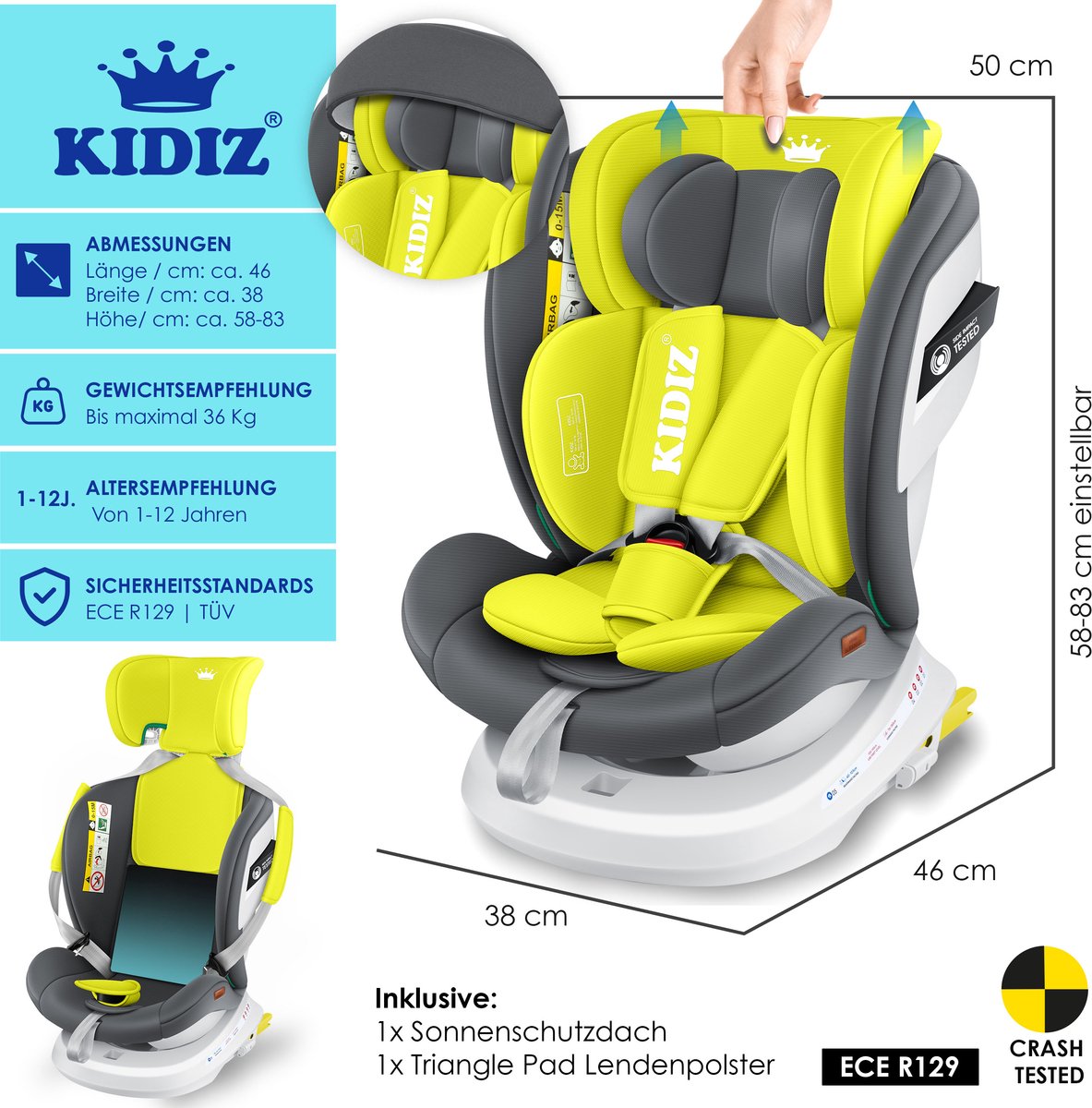 KIDIZ Babyautostoeltje Isofix 360° Draaibaar Grijs 0-36kg Groep 0/1/2/3