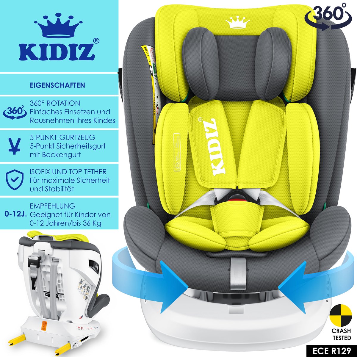 KIDIZ Babyautostoeltje Isofix 360° Draaibaar Grijs 0-36kg Groep 0/1/2/3