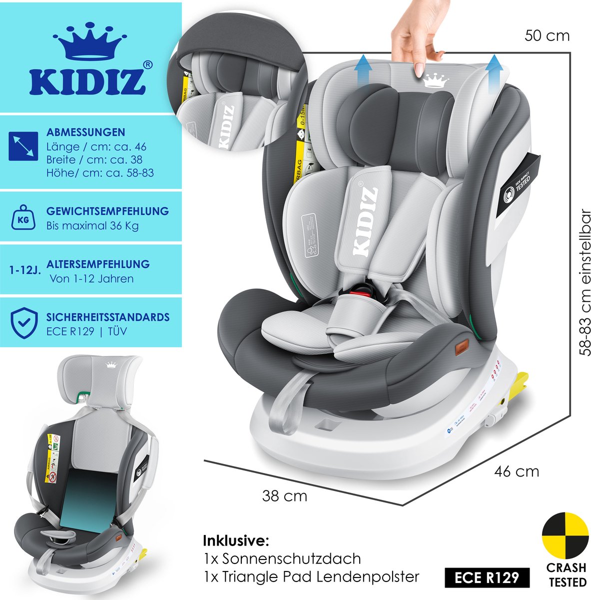 KIDIZ Babyautostoeltje Isofix 360° Draaibaar Groep 0/1/2/3 Antraciet