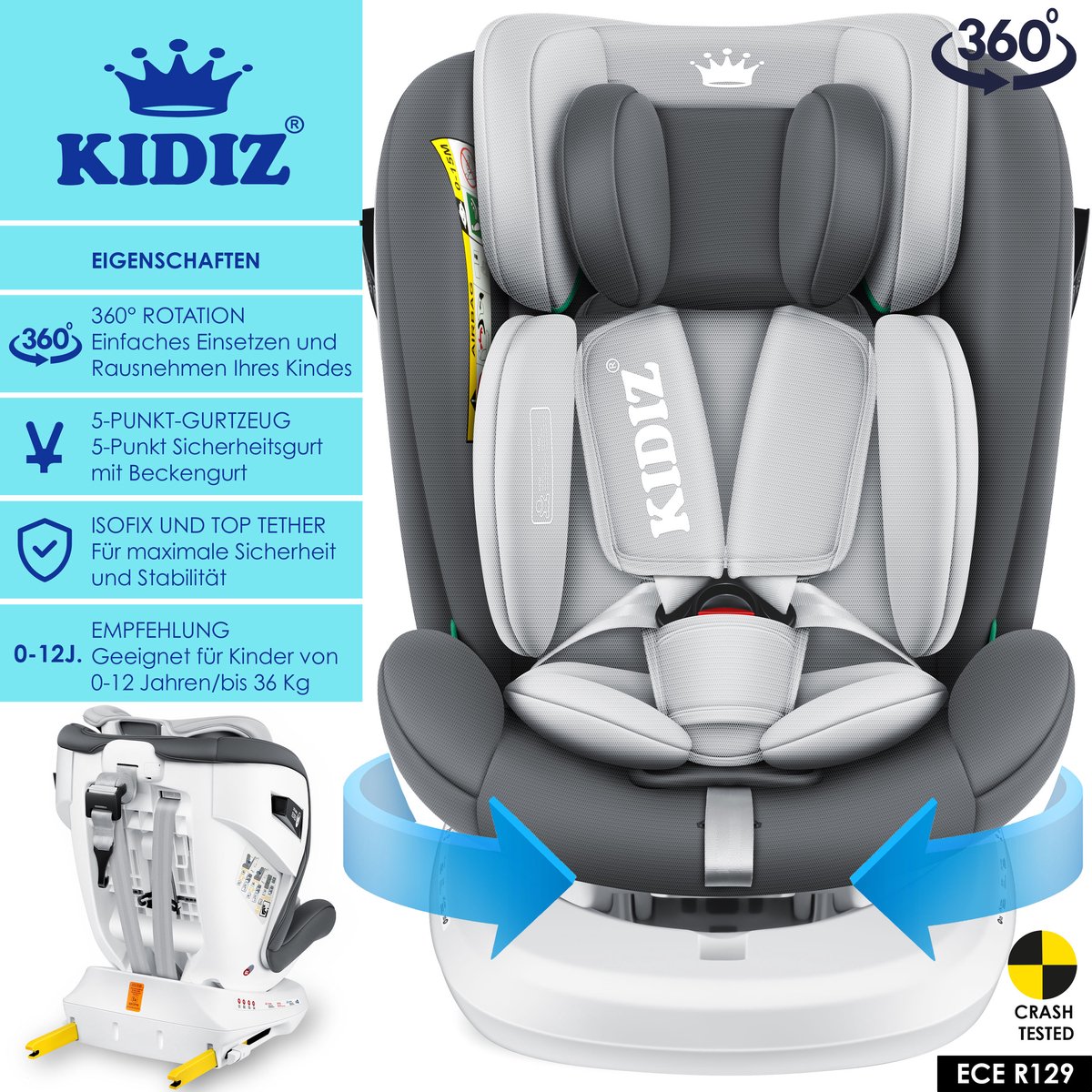 KIDIZ Babyautostoeltje Isofix 360° Draaibaar Groep 0/1/2/3 Antraciet