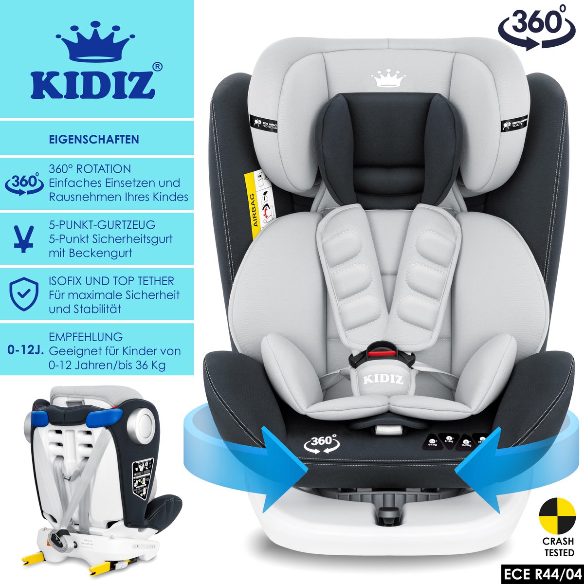 KIDIZ Babyautostoeltje Isofix 360° Draaibaar Groep 0/1/2/3 Antraciet