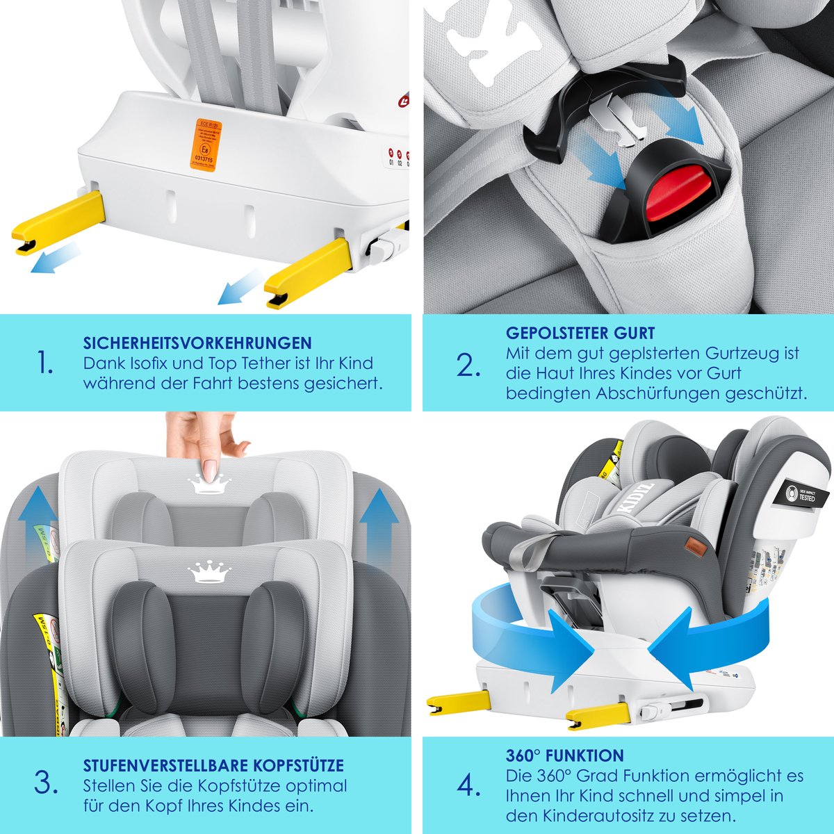 KIDIZ Babyautostoeltje Isofix 360° Draaibaar Groep 0/1/2/3 Antraciet