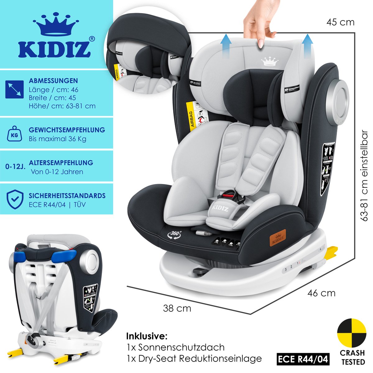 KIDIZ Babyautostoeltje Isofix 360° Draaibaar Groep 0/1/2/3 Antraciet