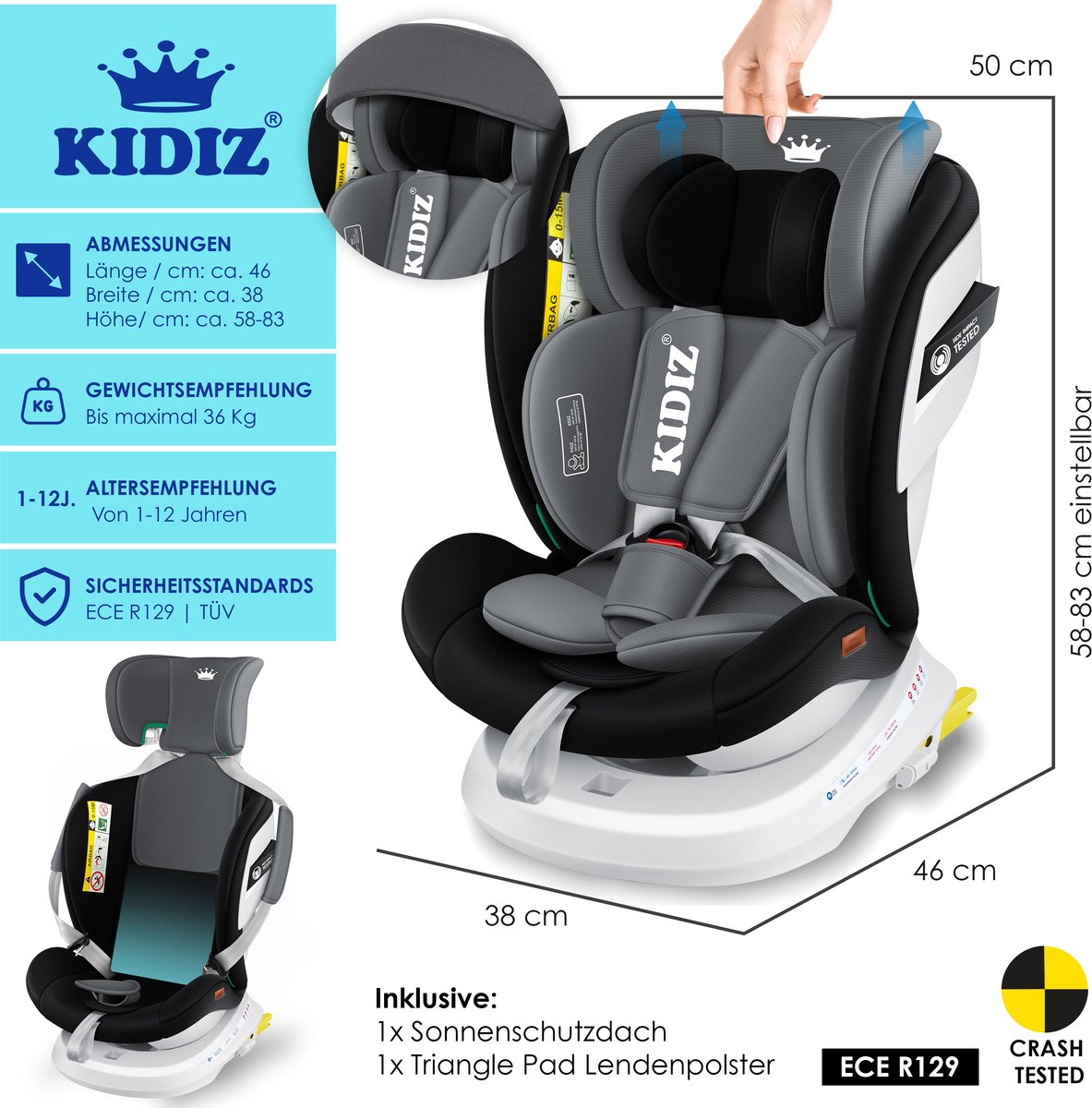 KIDIZ Babyautostoeltje Isofix 360° Groep 0-3 Zwart