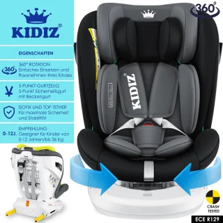 KIDIZ Babyautostoeltje Isofix 360° Groep 0-3 Zwart