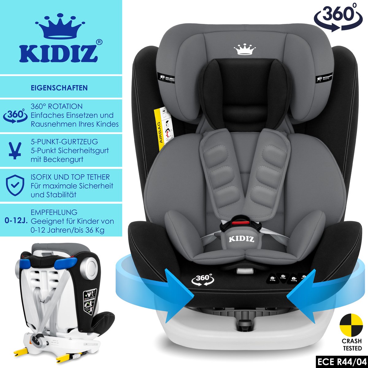 KIDIZ Babyautostoeltje Isofix 360° Groep 0-3 Zwart